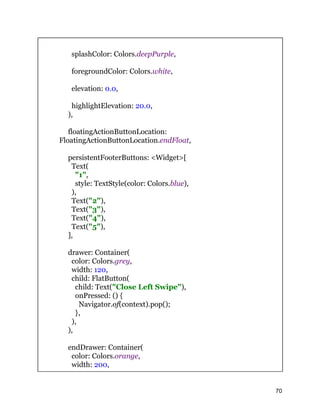 splashColor: Colors.deepPurple,
foregroundColor: Colors.white,
elevation: 0.0,
highlightElevation: 20.0,
),
floatingActionButtonLocation:
FloatingActionButtonLocation.endFloat,
persistentFooterButtons: <Widget>[
Text(
"1",
style: TextStyle(color: Colors.blue),
),
Text("2"),
Text("3"),
Text("4"),
Text("5"),
],
drawer: Container(
color: Colors.grey,
width: 120,
child: FlatButton(
child: Text("Close Left Swipe"),
onPressed: () {
Navigator.of(context).pop();
},
),
),
endDrawer: Container(
color: Colors.orange,
width: 200,
70
 