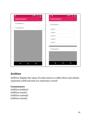 GridView
GridView displays the values of a data source in a table where each column
represents a field and each row represents a record
Constructors
GridView.builder()
GridView.count()
GridView.custom()
GridView.extent()
83
 