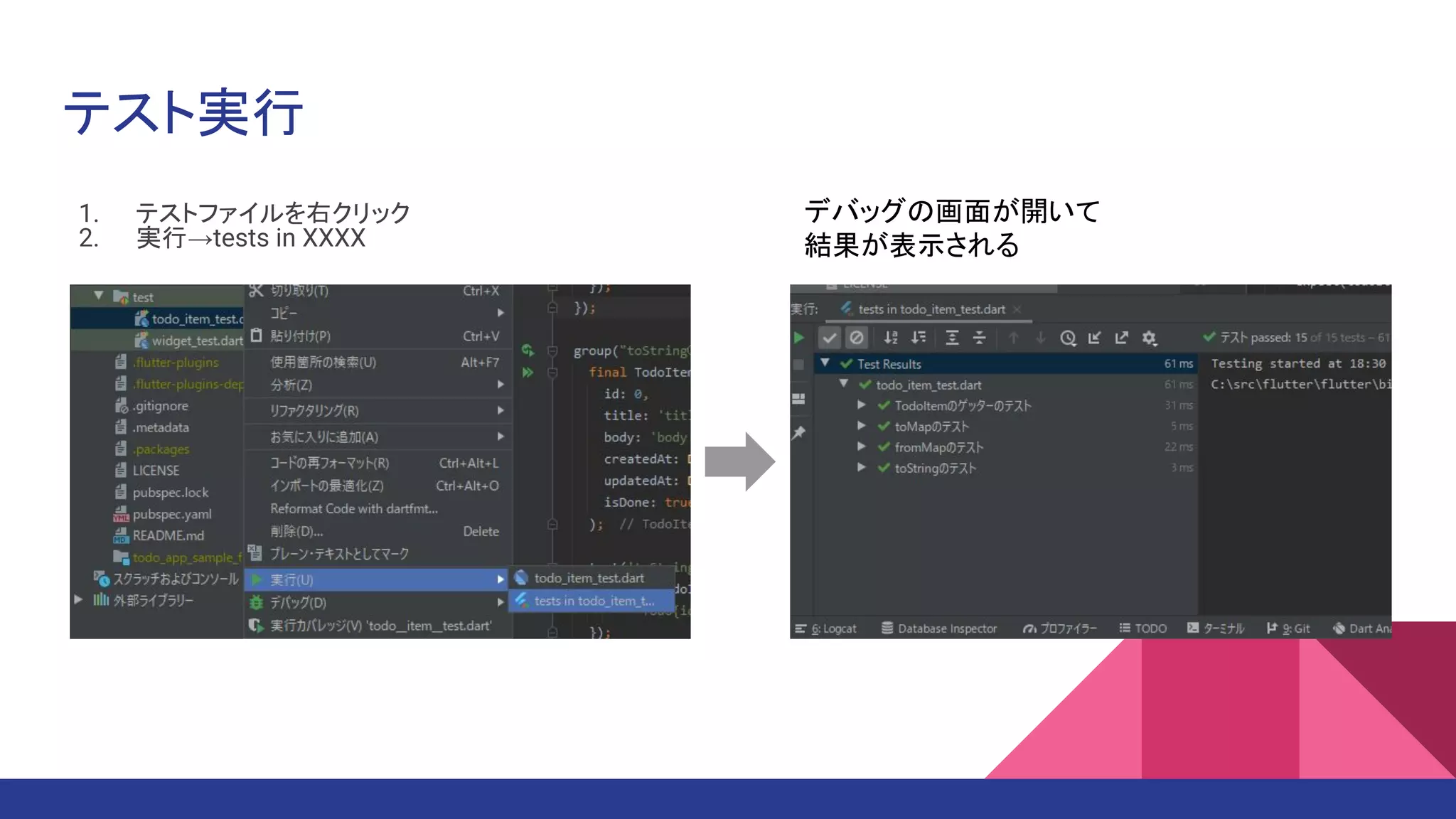 テスト実行
1. テストファイルを右クリック
2. 実行→tests in XXXX
デバッグの画面が開いて
結果が表示される
 
