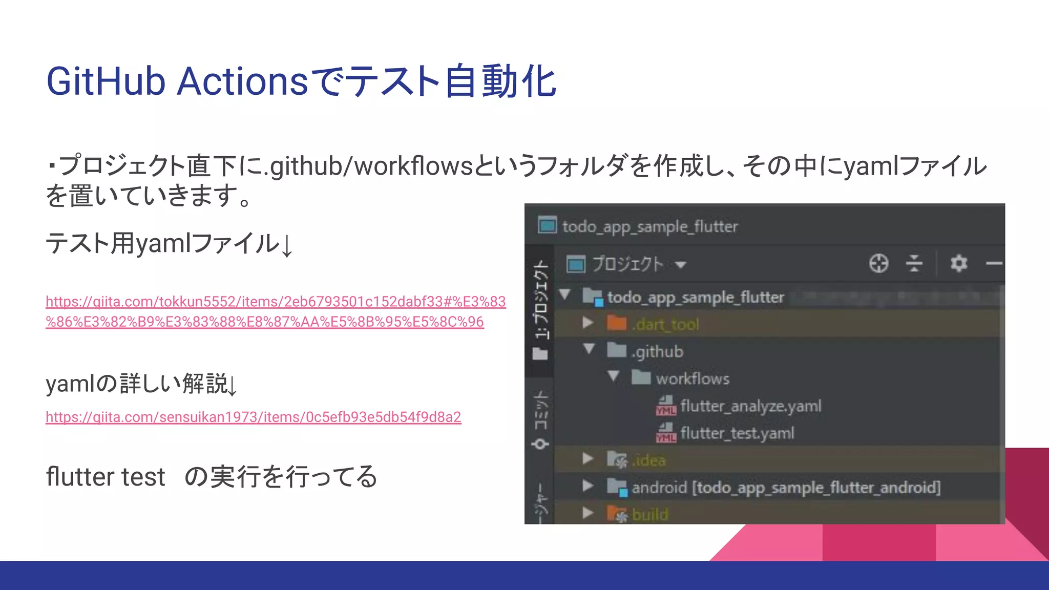 GitHub Actionsでテスト自動化
・プロジェクト直下に.github/workﬂowsというフォルダを作成し、その中にyamlファイル
を置いていきます。
テスト用yamlファイル↓
yamlの詳しい解説↓
ﬂutter test　の実行を行ってる
https://qiita.com/tokkun5552/items/2eb6793501c152dabf33#%E3%83
%86%E3%82%B9%E3%83%88%E8%87%AA%E5%8B%95%E5%8C%96
https://qiita.com/sensuikan1973/items/0c5efb93e5db54f9d8a2
 