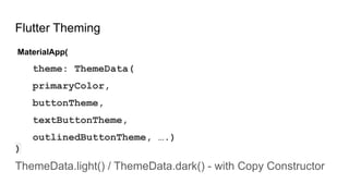 Flutter Theming
MaterialApp(
theme: ThemeData(
primaryColor,
buttonTheme,
textButtonTheme,
outlinedButtonTheme, ….)
)
ThemeData.light() / ThemeData.dark() - with Copy Constructor
 