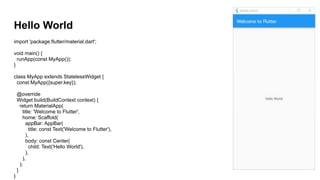 Hello World
import 'package:flutter/material.dart';
void main() {
runApp(const MyApp());
}
class MyApp extends StatelessWidget {
const MyApp({super.key});
@override
Widget build(BuildContext context) {
return MaterialApp(
title: 'Welcome to Flutter',
home: Scaffold(
appBar: AppBar(
title: const Text('Welcome to Flutter'),
),
body: const Center(
child: Text('Hello World'),
),
),
);
}
}
 