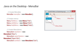 Java on the Desktop - MenuBar
// Create MenuBar
MenuBar menuBar = new MenuBar();
// Create menus
Menu ﬁleMenu = new Menu("File");
Menu editMenu = new Menu("Edit");
Menu helpMenu = new Menu("Help");
// Create MenuItems
MenuItem newItem = new
MenuItem("New");
MenuItem openFileItem = new
MenuItem("Open File");
MenuItem exitItem = new MenuItem("Exit");
 