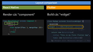 React Native
Render các “component”
Flutter
Layout comparison
Build các “widget”
 