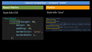 React Native
Style kiểu CSS
Flutter
Layout comparison – compare “state”
Style kiểu “Java”
 