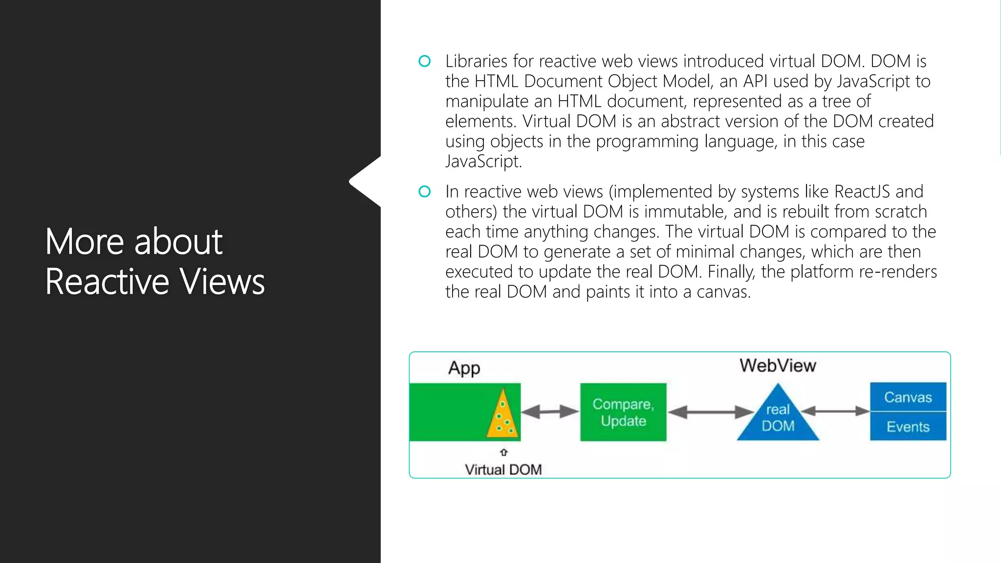 More about Reactive Views  Libraries for reactive web views introduced virtual DOM. DOM is the HTML Document Object Model, an API used by JavaScript to manipulate an HTML document, represented as a tree of elements. Virtual DOM is an abstract version of the DOM created using objects in the programming language, in this case JavaScript.  In reactive web views (implemented by systems like ReactJS and others) the virtual DOM is immutable, and is rebuilt from scratch each time anything changes. The virtual DOM is compared to the real DOM to generate a set of minimal changes, which are then executed to update the real DOM. Finally, the platform re-renders the real DOM and paints it into a canvas. 