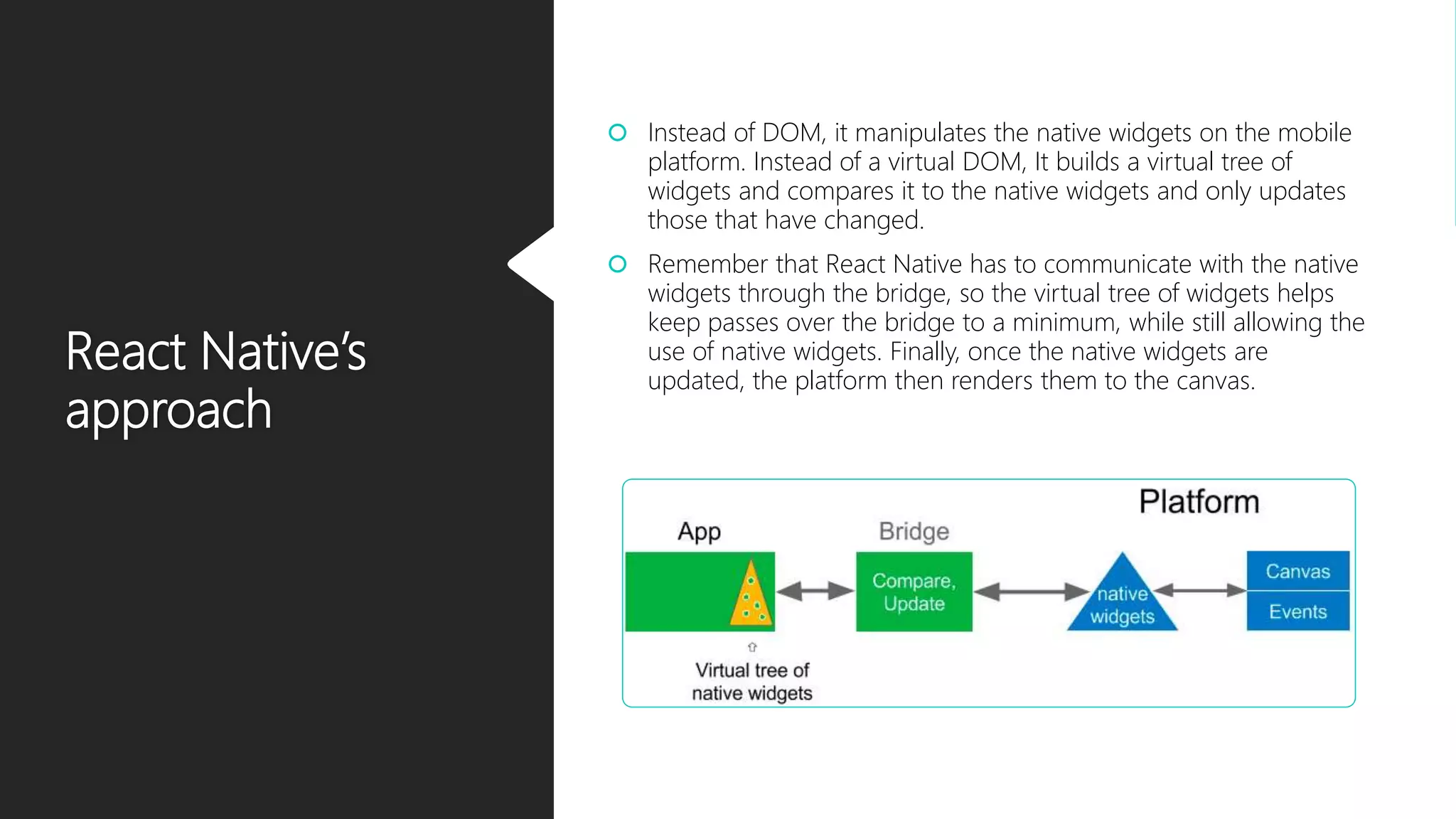 React Native’s approach  Instead of DOM, it manipulates the native widgets on the mobile platform. Instead of a virtual DOM, It builds a virtual tree of widgets and compares it to the native widgets and only updates those that have changed.  Remember that React Native has to communicate with the native widgets through the bridge, so the virtual tree of widgets helps keep passes over the bridge to a minimum, while still allowing the use of native widgets. Finally, once the native widgets are updated, the platform then renders them to the canvas. 