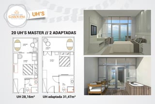 Enseada das
GaroupasHotel Flutuante | Caixa D aço
UH’S
20 UH’S MASTER // 2 ADAPTADAS
UH 28,16m² UH adaptada 31,47m²
 