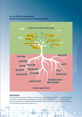 So can Utilities get started?
Build Foundational Smart Grid Data Model
Bottom up
demand response
Strategic Outage Hotspots
Outage Frequent
Sequence Analyzer
Time of Use (TOU)
Dynamic Pricing
Distrb Transformer DTR 360
Device Signatures
Outage Events
Customer Data
DTR Data
Tamper Events
Grid Network Structure
Metering Data
100+ Energy Vectors
Signal Detectors
12 Core Energy Markers
Scoring Models
VEEDA
Apriori
Advanced Visualisation
Machine Learning Algorithms
Tame Big data ref arch
Guzzler Micro
Segmentation
Cerebra Smart Meter Nano Apps
Cerebra Signal Studio
Conclusion
The Utility industry is facing an inﬂection point where technology is shifting to Machine 2 Machine (M2M) & Big
Data Analytics and profoundly disrupting business models. Utilities must act and move quickly to respond to
changes and leverage the advantages. M2M and Big data analytics oﬀer immense opportunities for monetizing
from investments in Smart meter infrastructure.
 