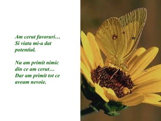 Am cerut favoruri… Si viata mi-a dat potential.  Nu am primit nimic din ce am cerut… Dar am primit tot ce aveam nevoie. 