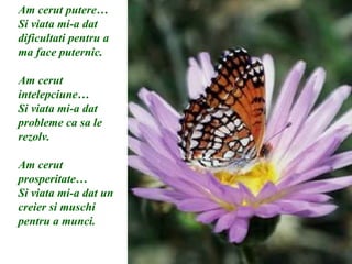 Am cerut putere… Si viata mi-a dat dificultati pentru a ma face puternic.  Am cerut intelepciune… Si viata mi-a dat probleme ca sa le rezolv. Am cerut prosperitate… Si viata mi-a dat un creier si muschi pentru a munci.  
