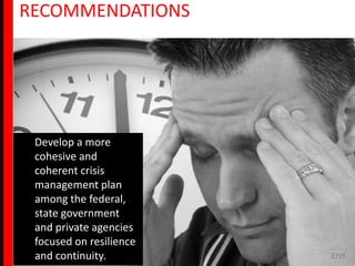 RECOMMENDATIONS




 Develop a more
 cohesive and
 coherent crisis
 management plan
 among the federal,
 state government
...