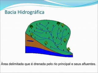 Bacia Hidrográfica
Área delimitada que é drenada pelo rio principal e seus afluentes.
 