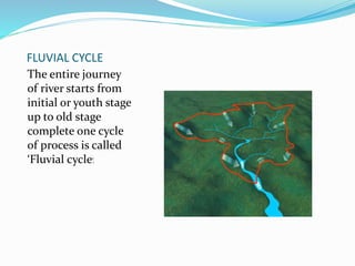 FLUVIAL CYCLE
The entire journey
of river starts from
initial or youth stage
up to old stage
complete one cycle
of process is called
‘Fluvial cycle’.
 