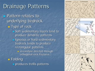 Drainage Patterns
 Pattern relates to
 underlying bedrock
   Type of rock
     Soft sedimentary layers tend to
     produce dendritic patterns
     Igneous or hard sedimentary
     bedrock tends to produce
     rectangular patterns
        streamflow directed through
        orthogonal rock fractures
   Folding
     produces trellis patterns
 