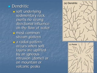 Dendritic
  soft underlying
  sedimentary rock
  exerts no strong
  directional influence
  on the flow of water
  most common
  stream pattern
  a radial pattern
  occurs when soft
  layers are uplifted
  by an igneous
  intrusion (dome) or
  on mountain or
  volcanic peaks
 