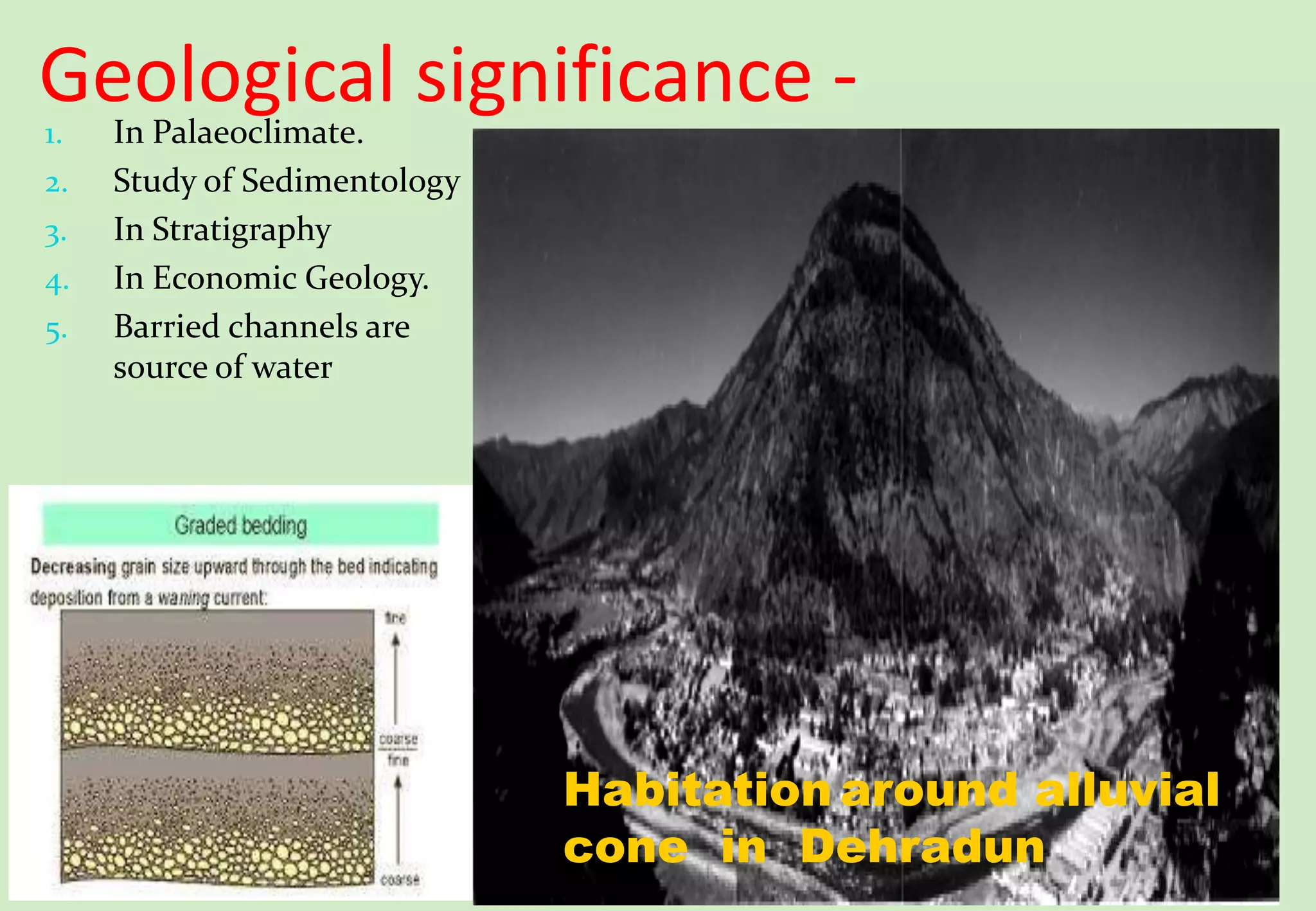 Geological significance -1. In Palaeoclimate.
2. Study of Sedimentology
3. In Stratigraphy
4. In Economic Geology.
5. Barried channels are
source of water
Habitation around alluvial
cone in Dehradun
 