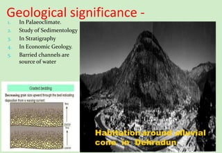 Geological significance -1. In Palaeoclimate.
2. Study of Sedimentology
3. In Stratigraphy
4. In Economic Geology.
5. Barried channels are
source of water
Habitation around alluvial
cone in Dehradun
 