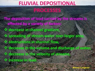 FLUVIAL DEPOSITIONAL
PROCESSES
The deposition of load carried by the streams is
affected by a variety of factors:
 decrease in channel gradient,
 spreading of stream water over larger area,
 obstructions in channel flow,
 decrease in the volume and discharge of water,
 decrease in the velocity of streams,
 increase in load.
D
e
p
a
r
t
m
e
n
t
o
f
G
e
o
g
r
a
p
h
y
J
a
w
a
h
a
r
l
a
l
N
e
h
r
u
C
o
l
l
e
g
e
,
P
a
s
i
g
h
a
t
 