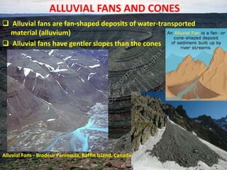 ALLUVIAL FANS AND CONES
 Alluvial fans are fan-shaped deposits of water-transported
material (alluvium)
 Alluvial fans have gentler slopes than the cones
Alluvial Fans - Brodeur Peninsula, Baffin Island, Canada.
D
e
p
a
r
t
m
e
n
t
o
f
G
e
o
g
r
a
p
h
y
J
a
w
a
h
a
r
l
a
l
N
e
h
r
u
C
o
l
l
e
g
e
,
P
a
s
i
g
h
a
t
 