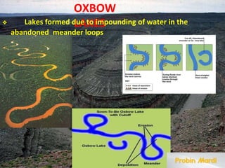 OXBOW
LAKES
❖ Lakes formed due to impounding of water in the
abandoned meander loops
 