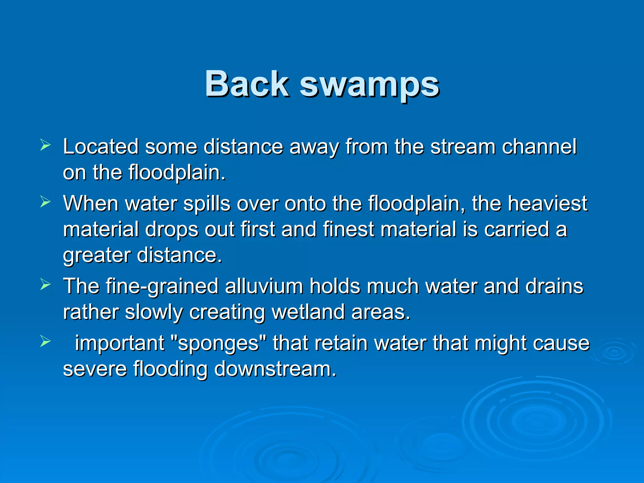 Back swamps Located some distance away from the stream channel on the floodplain.  When water spills over onto the floodplain, the heaviest material drops out first and finest material is carried a greater distance.  The fine-grained alluvium holds much water and drains rather slowly creating wetland areas. important "sponges" that retain water that might cause severe flooding downstream.  