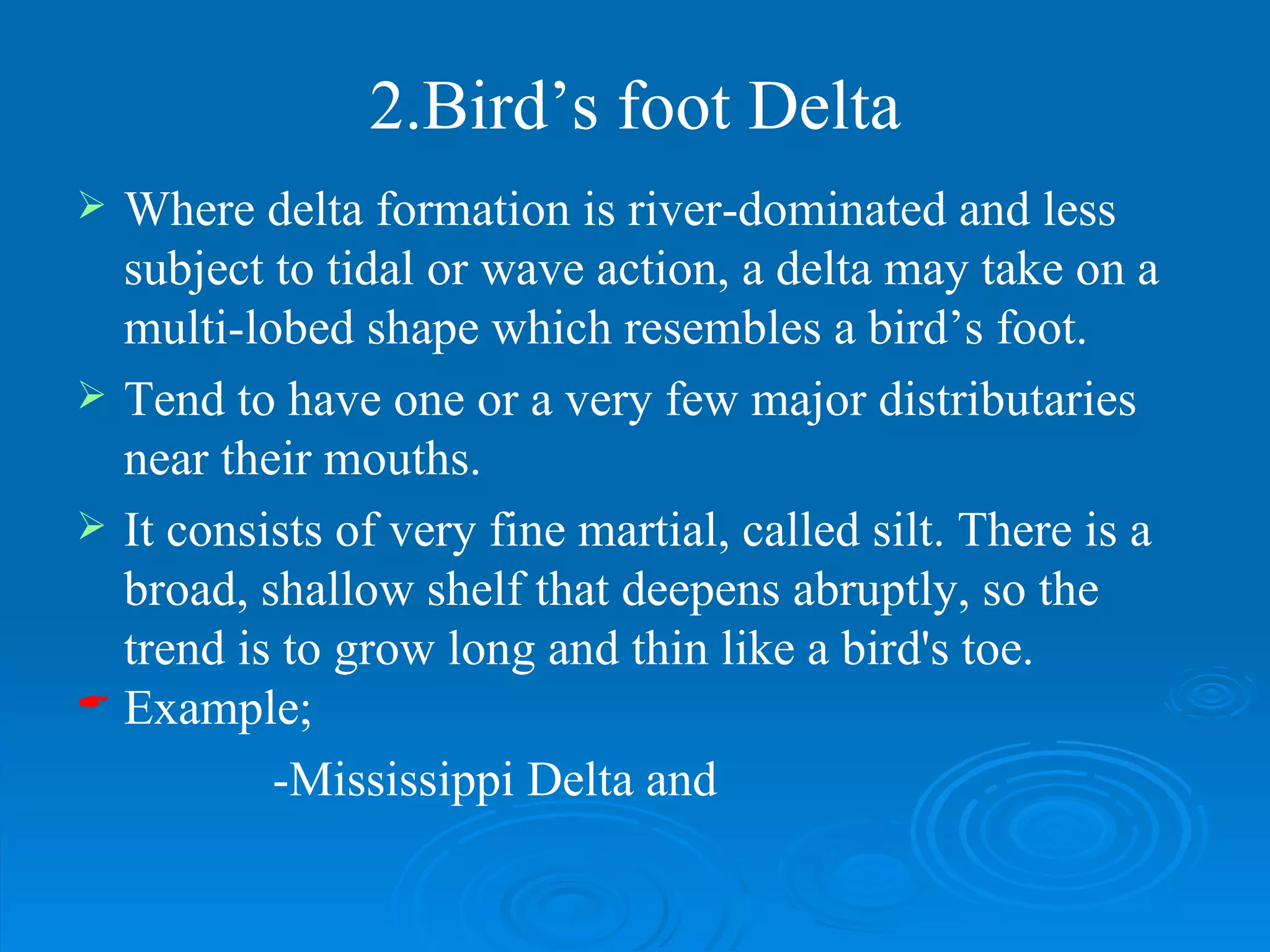 2.Bird’s foot Delta Where delta formation is river-dominated and less subject to tidal or wave action, a delta may take on a multi-lobed shape which resembles a bird’s foot.  Tend to have one or a very few major distributaries near their mouths.  It consists of very fine martial, called silt. There is a broad, shallow shelf that deepens abruptly, so the trend is to grow long and thin like a bird's toe.  Example; -Mississippi Delta and  