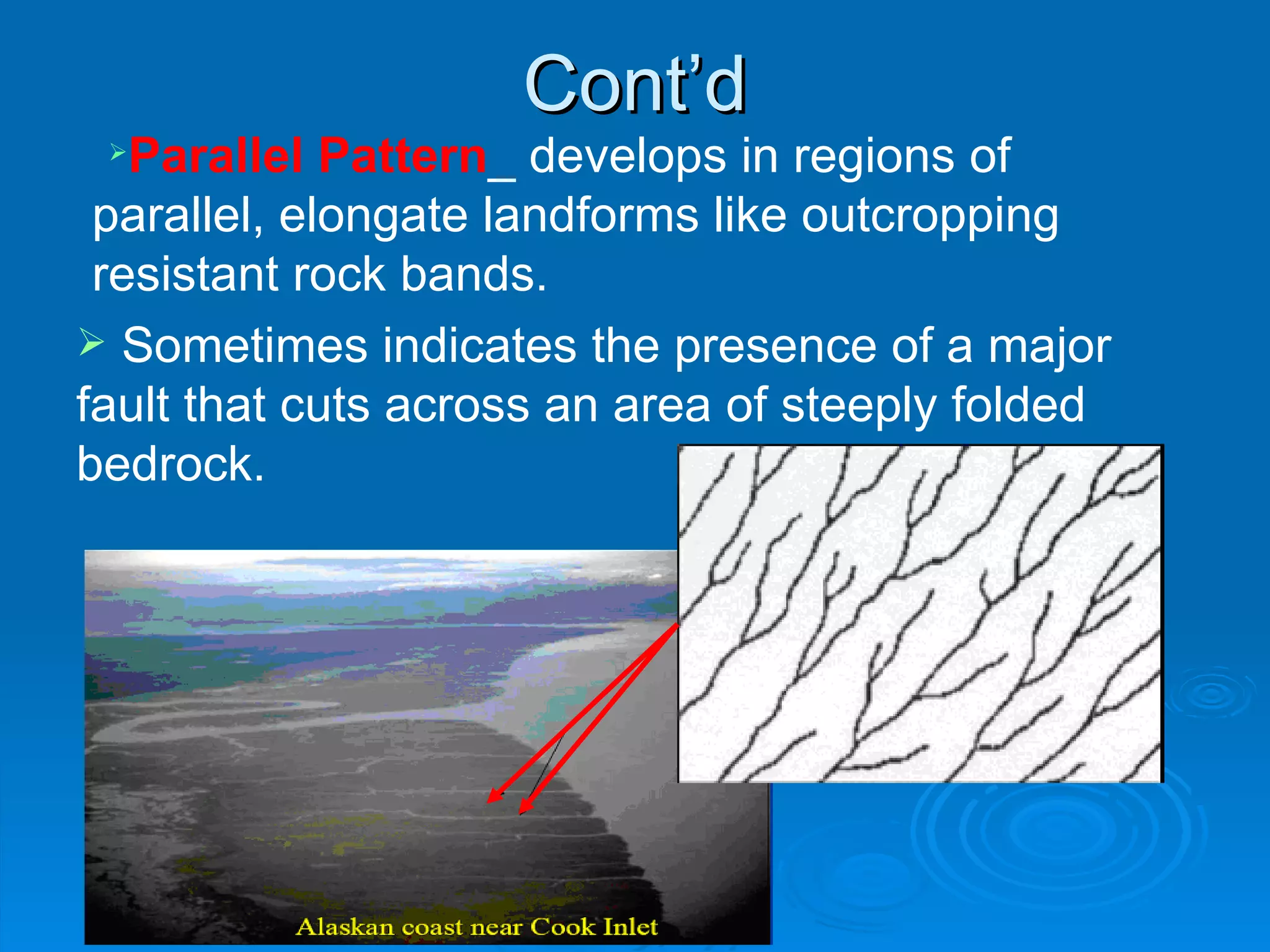 Cont’d Parallel Pattern _ develops in regions of parallel, elongate landforms like outcropping resistant rock bands.  Sometimes indicates the presence of a major fault that cuts across an area of steeply folded bedrock. 