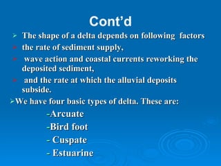 Cont’d The shape of a delta depends on following  factors  the rate of sediment supply, wave action and coastal currents reworking the deposited sediment, and the rate at which the alluvial deposits subside.  We have four basic types of delta. These are: - Arcuate  - Bird foot -  Cuspate -  Estuarine 