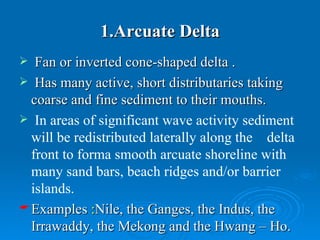 1.Arcuate Delta Fan or inverted cone-shaped delta . Has many active, short distributaries taking coarse and fine sediment to their mouths.  In areas of significant wave activity sediment will be redistributed laterally along the  delta front to forma smooth arcuate shoreline with many sand bars, beach ridges and/or barrier islands. Examples  : Nile, the Ganges, the Indus, the Irrawaddy, the Mekong and the Hwang – Ho. 