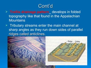 Cont’d Trellis drainage pattern _ develops in folded topography like that found in the Appalachian Mountains  Tributary streams enter the main channel at sharp angles as they run down sides of parallel  ridges called anticlines.  