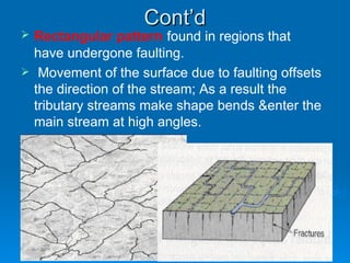 Cont’d Rectangular   pattern   found in regions that  have undergone faulting. Movement of the surface due to faulting offsets the direction of the stream; As a result the tributary streams make shape bends &enter the main stream at high angles.   