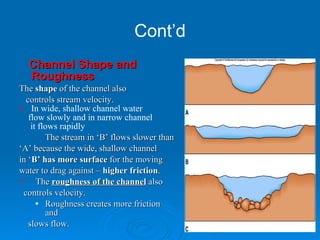 Cont’d Channel Shape and Roughness The  shape  of the channel also controls stream velocity. In wide, shallow channel water  flow slowly and in narrow channel it flows rapidly The stream in ‘B’ flows slower than ‘ A’ because the wide, shallow channel  in ‘ B’ has more surface  for the moving  water to drag against –  higher friction . The  roughness of the channel  also  controls velocity. Roughness creates more friction and  slows flow.  