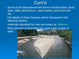 Cont’d Some of the depositional land forms include levees ,flood plain, delta, alluvial funs , back swamp, point bars and etc. -The details of these features will be discussed in the fallowing section. -materials deposited by river are known as  Alluvium . -Most alluvium is deposited into quiet water (ocean or lake). 