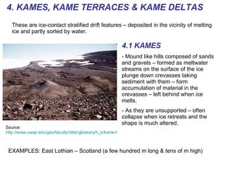 4. KAMES, KAME TERRACES & KAME DELTAS These are ice-contact stratified drift features – deposited in the vicinity of melting ice and partly sorted by water. 4.1 KAMES Mound like hills composed of sands and gravels – formed as meltwater streams on the surface of the ice plunge down crevasses taking sediment with them – form accumulation of material in the crevasses – left behind when ice melts. As they are unsupported – often collapse when ice retreats and the shape is much altered. EXAMPLES: East Lothian – Scotland (a few hundred m long & tens of m high) Source:  http://www.uwsp.edu/geo/faculty/ritter/glossary/h_k/kame.html   