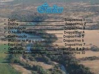 •   Capa ______________________ Diapositivo 1
•   Índice _____________________ Diapositivo 2
•   Introdução _________________ Diapositivo 3
•   O Nosso Fluviário ____________ Diapositivo 4
•   Continuação ________________ Diapositivo 5
•   Músicas no Rio ______________ Diapositivo 6
•   Espécies ___________________ Diapositivo 7
•   Conclusão _______________ Diapositivo 8 e 9
•   Trabalho Realizado por: _______ Diapositivo 10
 