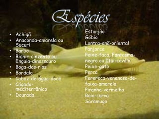 Esturjão
• Achigã
                        Góbio
• Anaconda-amarela ou
  Sucuri                Lontra-anã-oriental
• Barbo                 Panjorca
• Bichir-cinzento ou    Peixe-faca, Fantasma-
  Enguia-dinossauro     negro ou Itui-cavalo
• Boga-dos-rios         Peixe-gato
• Bordalo               Perca
• Caboz-de-água-doce    Perereca-venenosa-de-
• Cágado-               faixa-amarela
  mediterrânico         Piranha-vermelha
• Dourada               Raia-curva
                        Saramugo
 