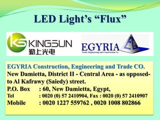 LED Light’s “Flux”



EGYRIA Construction, Engineering and Trade CO.
New Damietta, District II - Central Area - as opposed-
to Al Kafrawy (Saiedy) street.
P.O. Box : 60, New Damietta, Egypt,
Tel         : 0020 (0) 57 2410904, Fax : 0020 (0) 57 2410907
Mobile      : 0020 1227 559762 , 0020 1008 802866
 