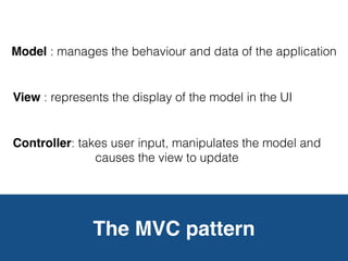 The MVC pattern
Controller: takes user input, manipulates the model and
causes the view to update
View : represents the display of the model in the UI
Model : manages the behaviour and data of the application
 