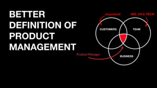 CUSTOMERS TEAM
BUSINESS
Important!
BETTER
DEFINITION OF
PRODUCT
MANAGEMENT
BIZ, UX & TECH
 