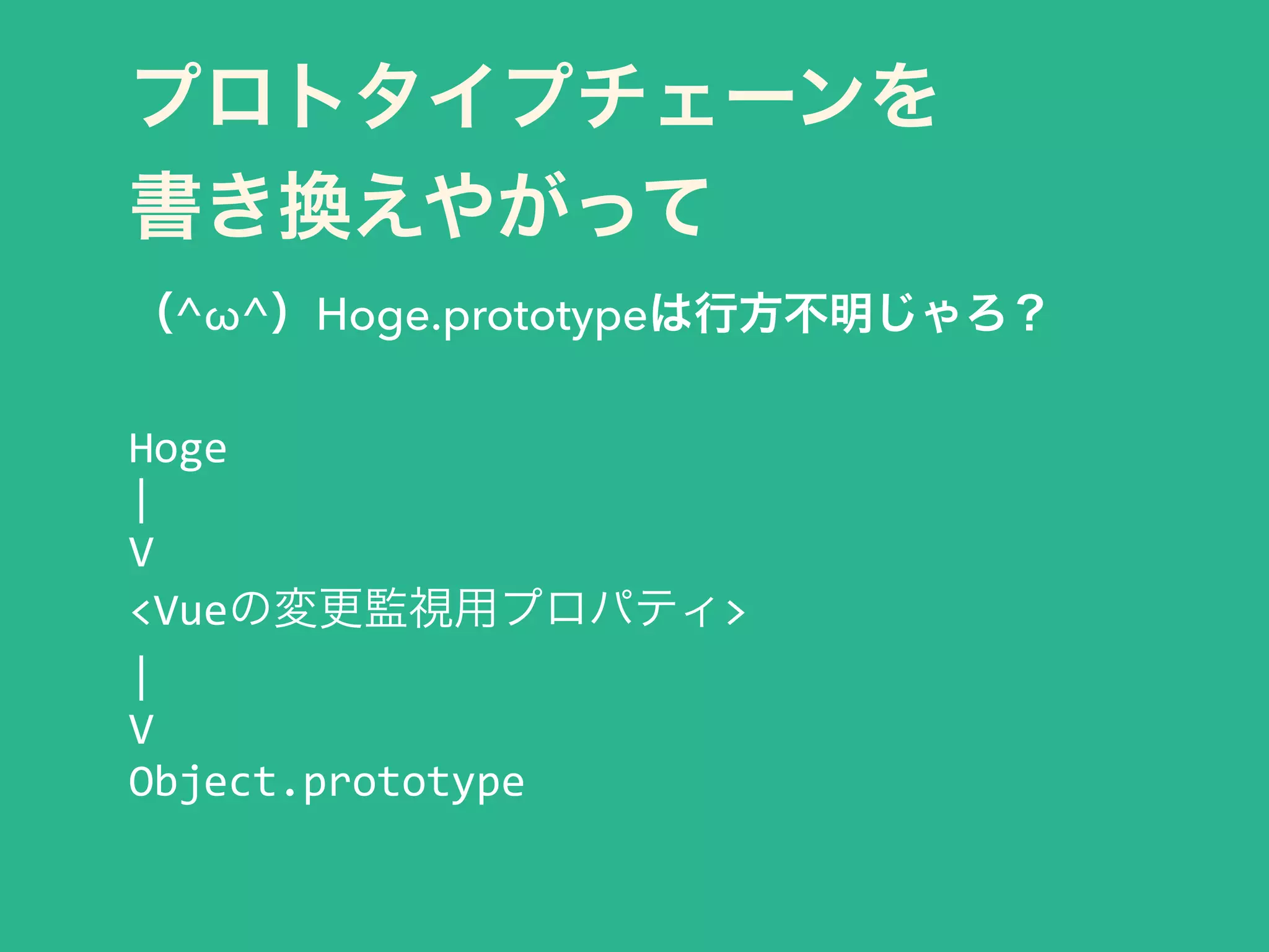 プロトタイプチェーンを 
書き換えやがって
（^ω^）Hoge.prototypeは行方不明じゃろ？
!
Hoge	
  
|	
  
V	
  
<Vueの変更監視用プロパティ>	
  
|	
  
V	
  
Object.prototype
 