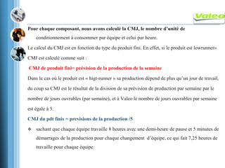 Pour chaque composant, nous avons calculé la CMJ, le nombre d’unité de
conditionnement à consommer par équipe et celui par heure.
Le calcul du CMJ est en fonction du type du produit fini. En effet, si le produit est lowrunner»
CMJ est calculé comme suit :
CMJ de produit fini= prévision de la production de la semaine
Dans le cas où le produit est « higt-runner » sa production dépend de plus qu’un jour de travail,
du coup sa CMJ est le résultat de la division de sa prévision de production par semaine par le
nombre de jours ouvrables (par semaine), et à Valeo le nombre de jours ouvrables par semaine
est égale à 5.
CMJ du pdt finis = previsions de la production /5
 sachant que chaque équipe travaille 8 heures avec une demi-heure de pause et 5 minutes de
démarrages de la production pour chaque changement d’équipe, ce qui fait 7,25 heures de
travaille pour chaque équipe.
 