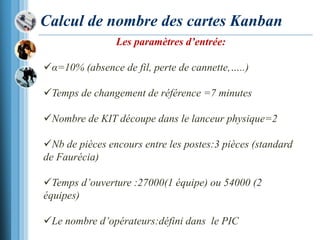 Calcul de nombre des cartes Kanban
Les paramètres d’entrée:
α=10% (absence de fil, perte de cannette,…..)
Temps de changement de référence =7 minutes
Nombre de KIT découpe dans le lanceur physique=2
Nb de pièces encours entre les postes:3 pièces (standard
de Faurécia)
Temps d’ouverture :27000(1 équipe) ou 54000 (2
équipes)
Le nombre d’opérateurs:défini dans le PIC
 