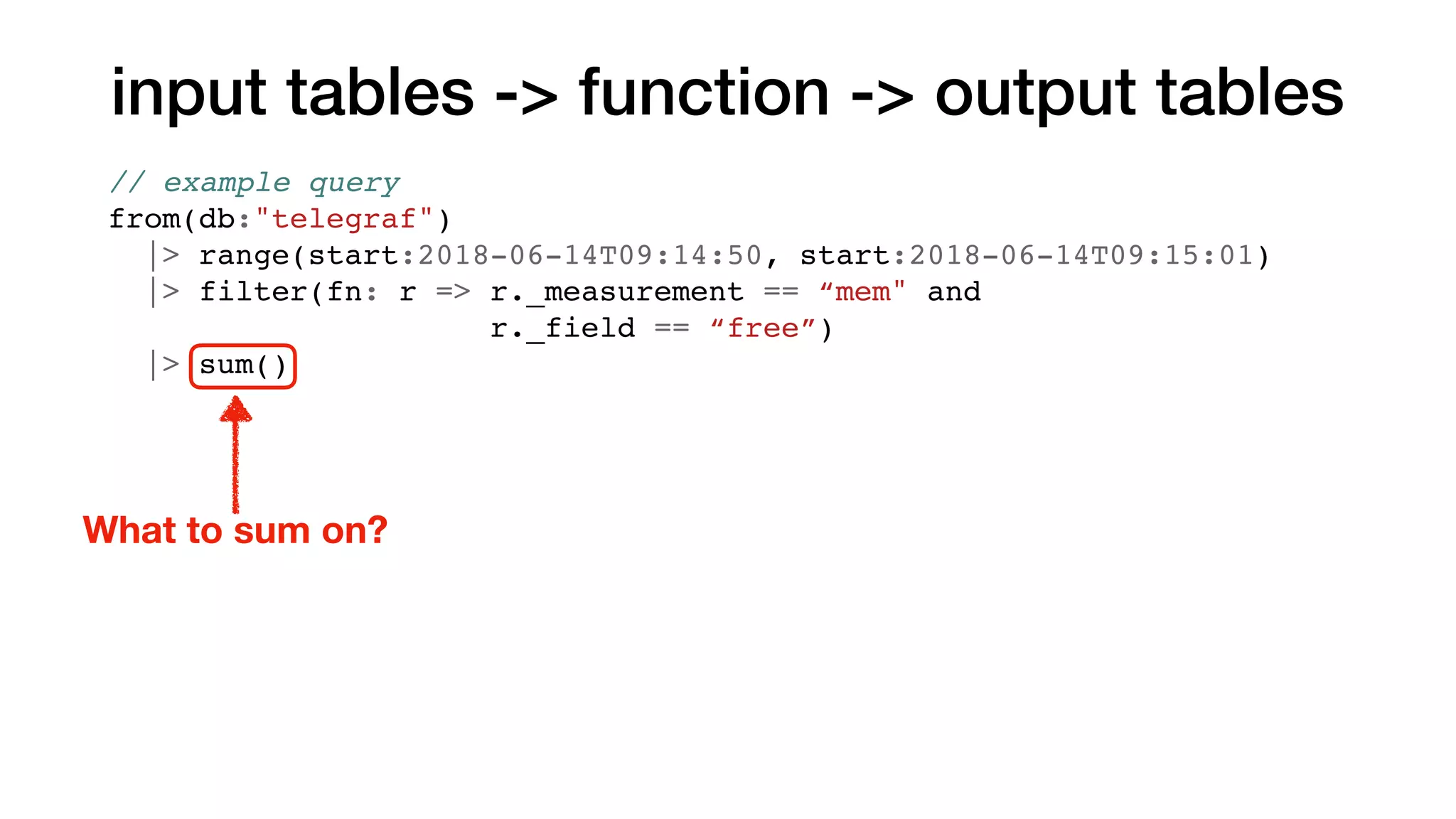 input tables -> function -> output tables
What to sum on?
// example query
from(db:"telegraf")
|> range(start:2018-06-14T09:14:50, start:2018-06-14T09:15:01)
|> filter(fn: r => r._measurement == “mem" and
r._field == “free”)
|> sum()
 
