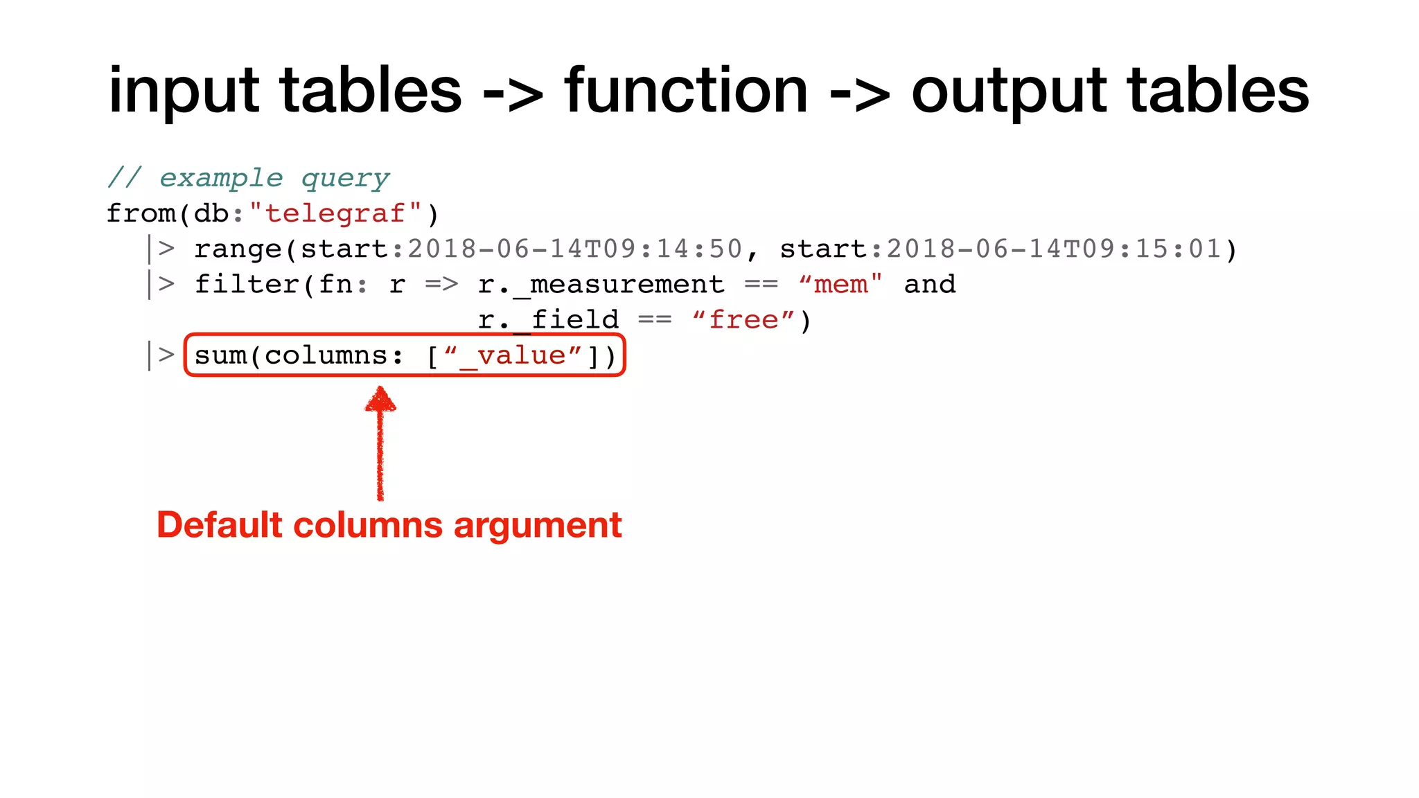 input tables -> function -> output tables
Default columns argument
// example query
from(db:"telegraf")
|> range(start:2018-06-14T09:14:50, start:2018-06-14T09:15:01)
|> filter(fn: r => r._measurement == “mem" and
r._field == “free”)
|> sum(columns: [“_value”])
 