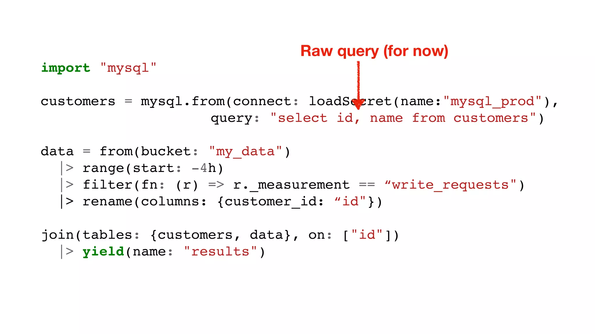 import "mysql"
customers = mysql.from(connect: loadSecret(name:"mysql_prod"),
query: "select id, name from customers")
data = from(bucket: "my_data")
|> range(start: -4h)
|> filter(fn: (r) => r._measurement == “write_requests")
|> rename(columns: {customer_id: “id"})
join(tables: {customers, data}, on: ["id"])
|> yield(name: "results")
Raw query (for now)
 