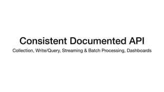 Consistent Documented API
Collection, Write/Query, Streaming & Batch Processing, Dashboards
 