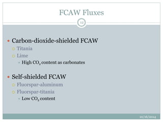 FCAW Fluxes 
10/16/2014 
12 
 Carbon-dioxide-shielded FCAW 
 Titania 
 Lime 
 High CO2 content as carbonates 
 Self-shielded FCAW 
 Fluorspar-aluminum 
 Fluorspar-titania 
 Low CO2 content 
 