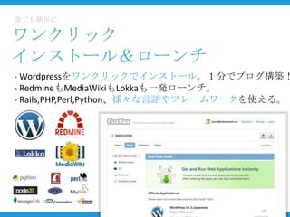 誰でも簡単に

ワンクリック
インストール＆ローンチ
- Wordpressをワンクリックでインストール。１分でブログ構築！
- RedmineもMediaWikiもLokkaも一発ローンチ。
- Rails,PHP,Perl,Python、様々な言語やフレームワークを使える。
 