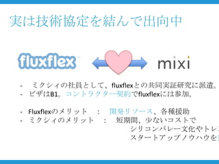 実は技術協定を結んで出向中



- ミクシィの社員として、fluxflexとの共同実証研究に派遣。
- ビザはB1。コントラクター契約でfluxflexには参加。

- Fluxflexのメリット ： 開発リソース、各種援助
- ミクシィのメリット ： 短期間、少ないコストで
                     シリコンバレー文化やトレン
                     スタートアップノウハウを獲
 